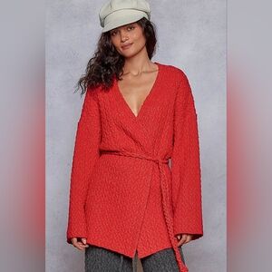 POL Red Cable Knit Textured Braided Belt Cardigan